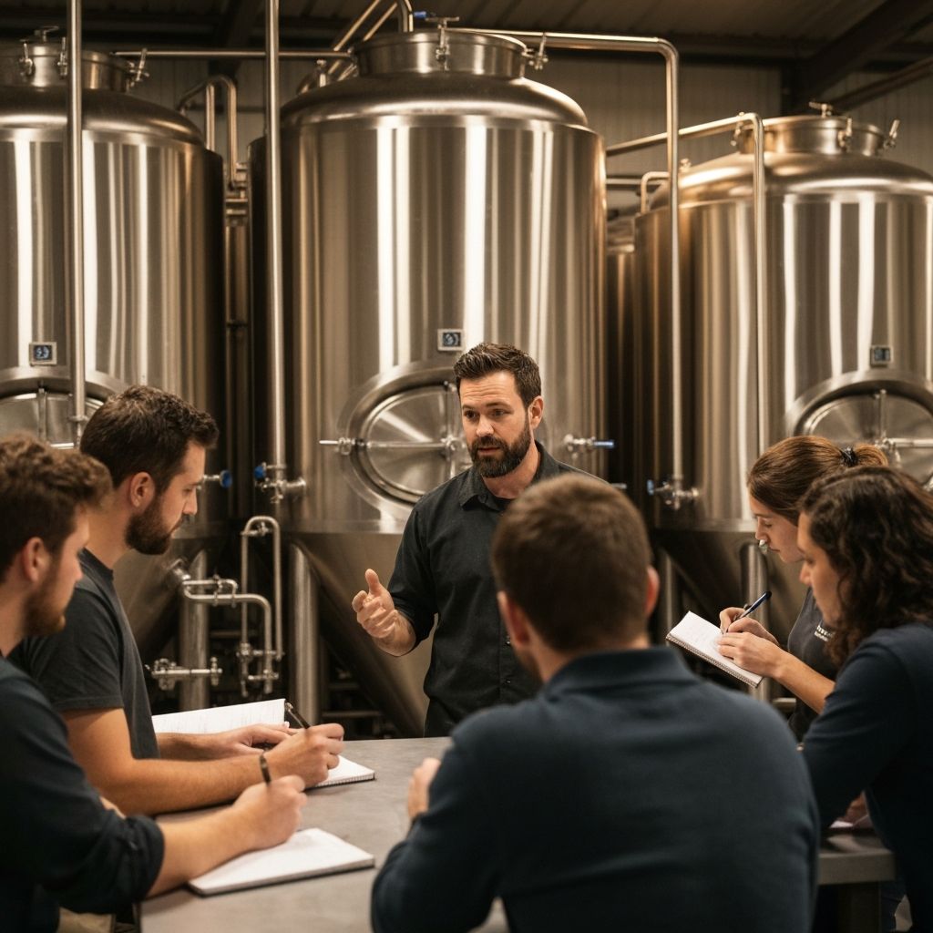 Participants in a craft brewing workshop learning professional brewing techniques and food safety